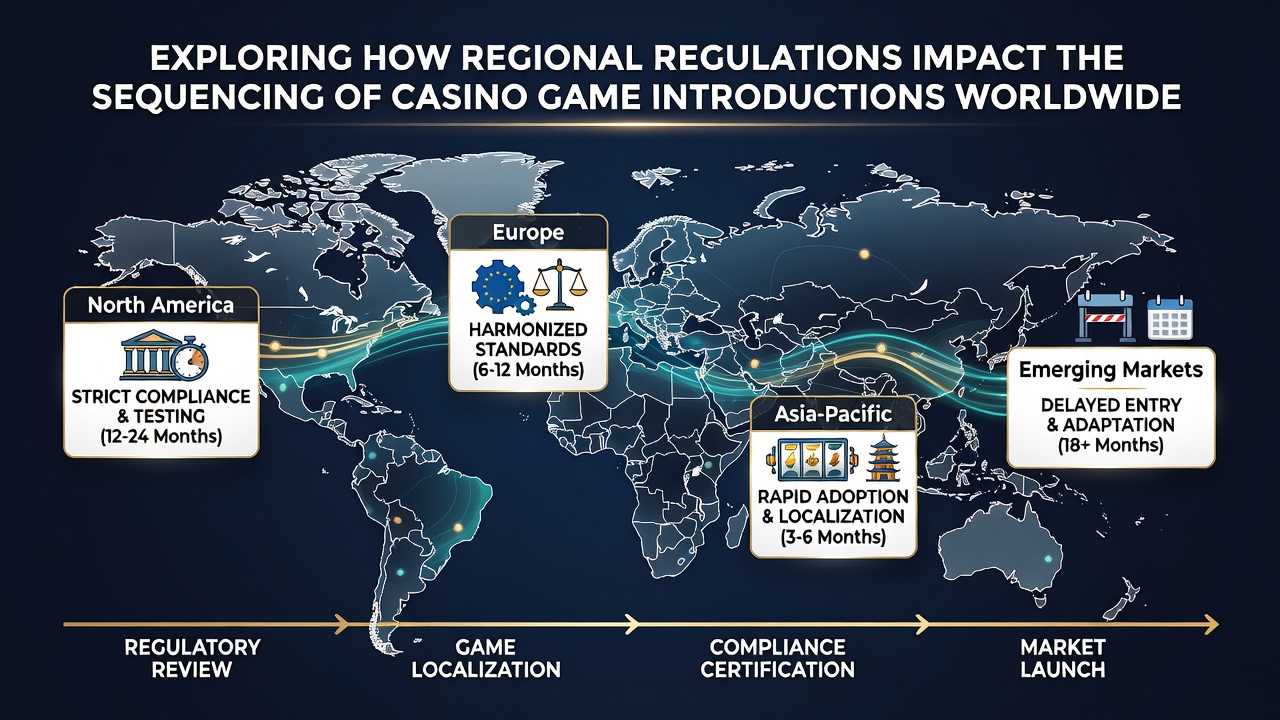 Global map highlighting casino regulatory zones and game launch timelines